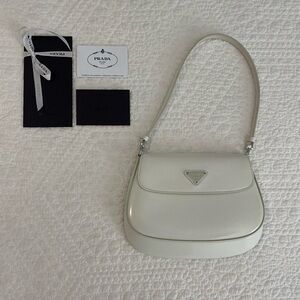 Prada Cleo Flap Shoulder Bag Spazzolato Leather Small White